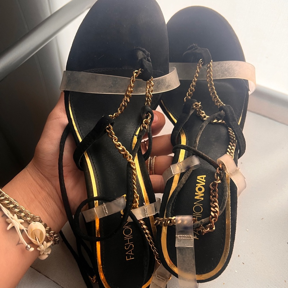 Fashion Nova Black and Gold Chain Sandals
